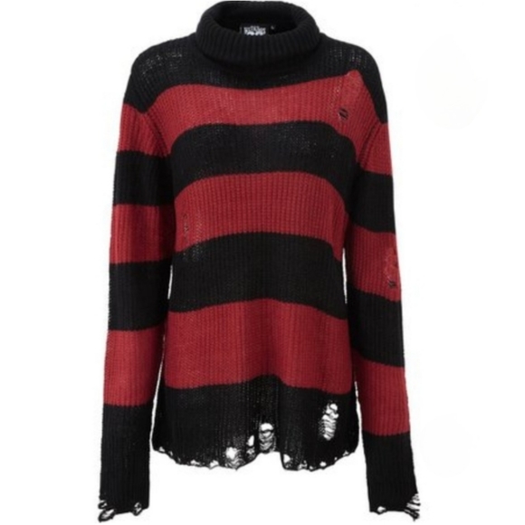 ♡ Killstar Seven Knit Sweater | Blood Red Distressed Raw Hem Extra Long Striped - Picture 5 of 8